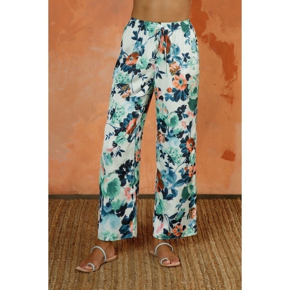 Ines Di Santo Lounge Basic Pant Women S‎ Seafoam Brushstroke Floral Wide Leg New